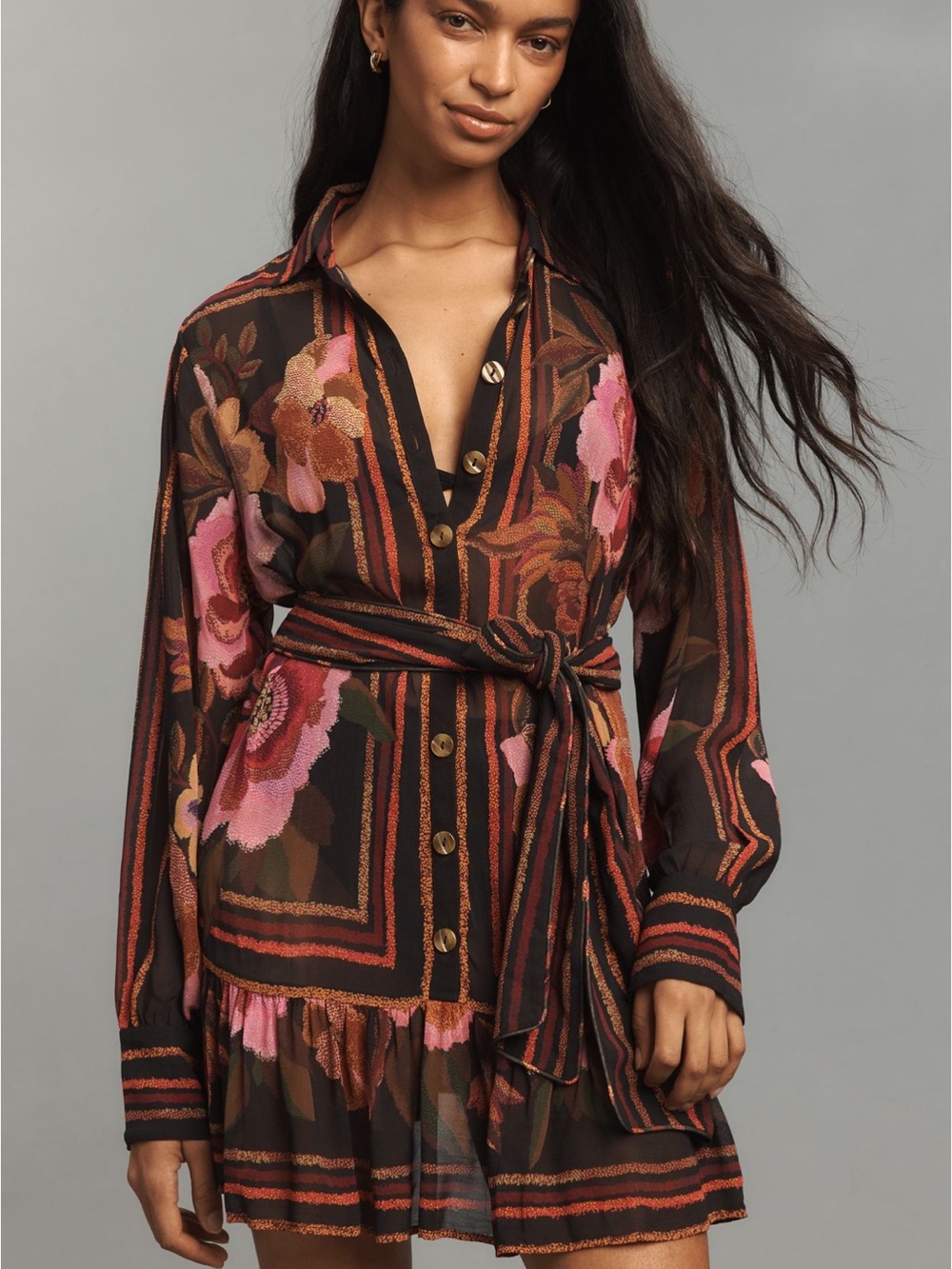 FARM Rio Chenille Flowers Black Mini Belted Button-Down Shirt Dress